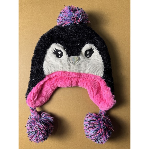 Capelli New York Other - Penguin Hat Beanie Earflap Youth S/M Black Pink Fuzzy Winter Pom Pom Capelli‎